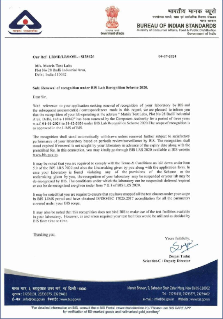 BIS Certificate – Matrix Test Labs