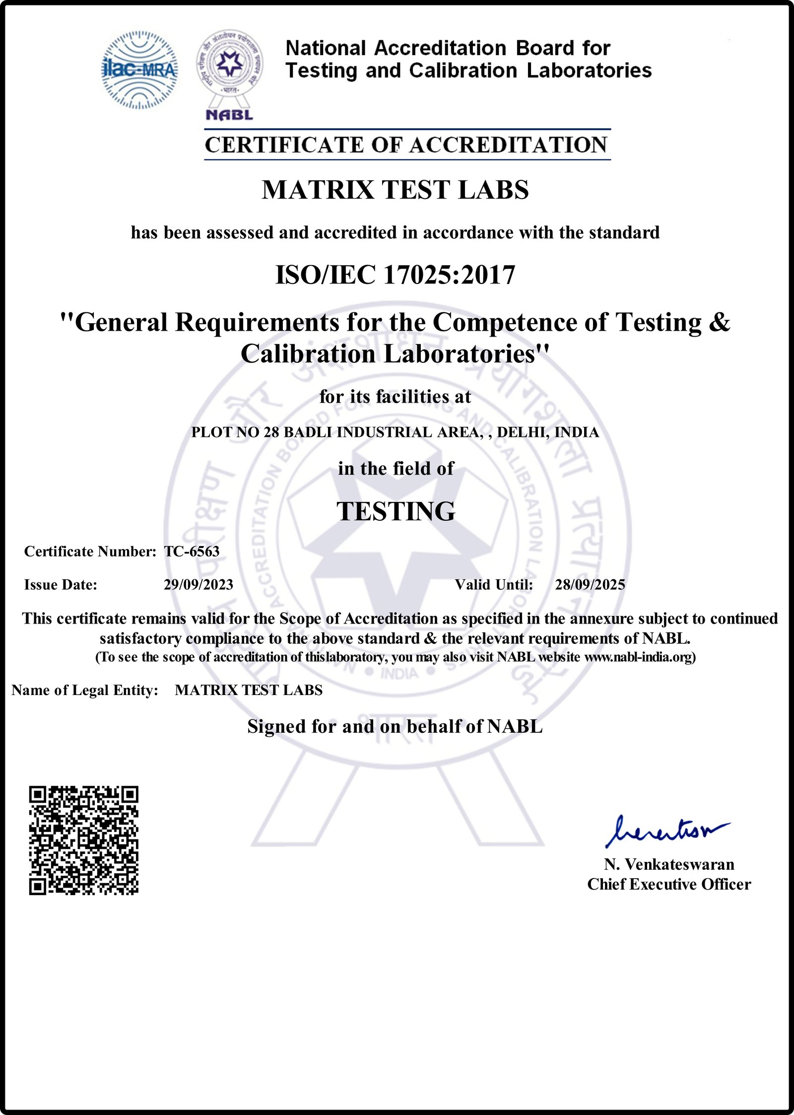 NABL Certificate – Matrix Test Labs