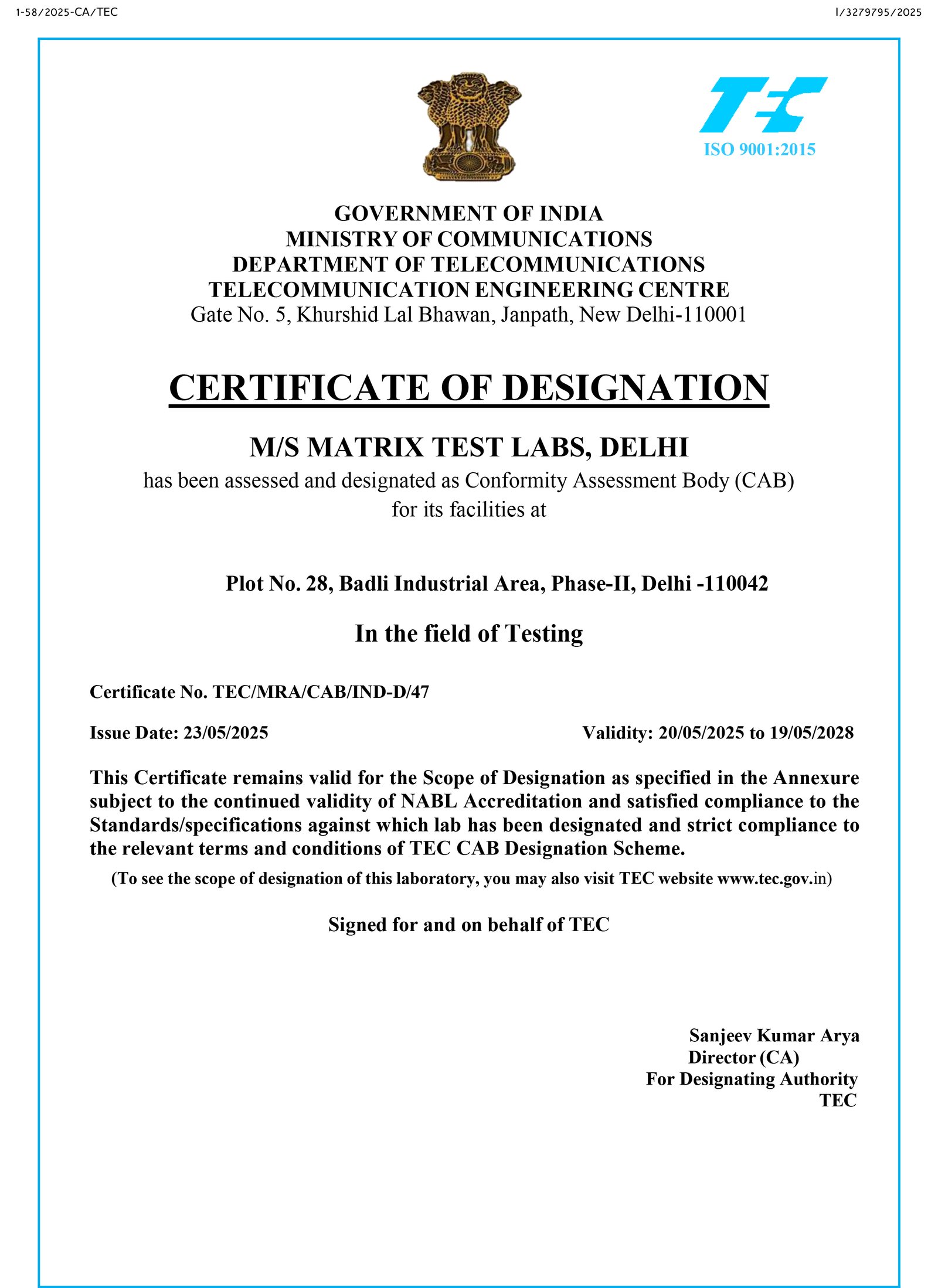 TEC Certificate – Matrix Test Labs